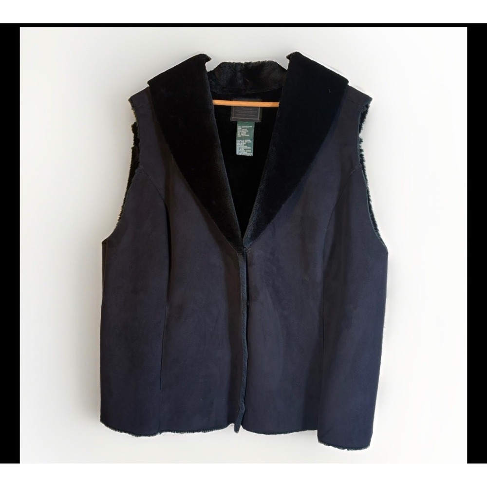 VTG Ralph Lauren Womens XL Black Faux Suede Faux Fur Lined Shawl Collar Vest
